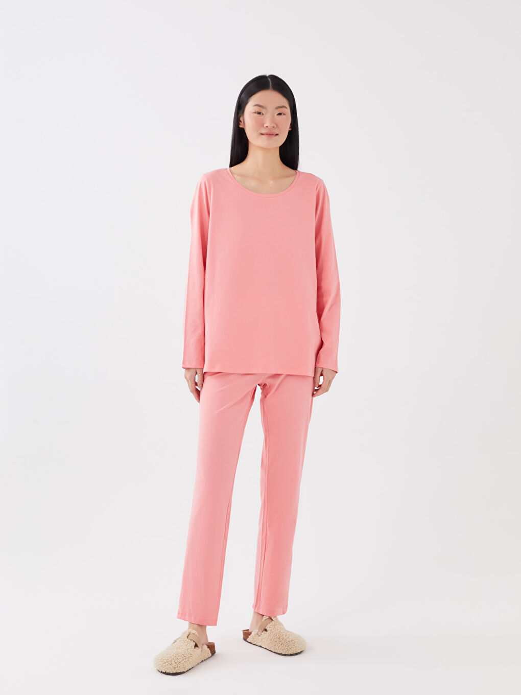 Crew Neck Plain Long Sleeve Women's Pyjama Set