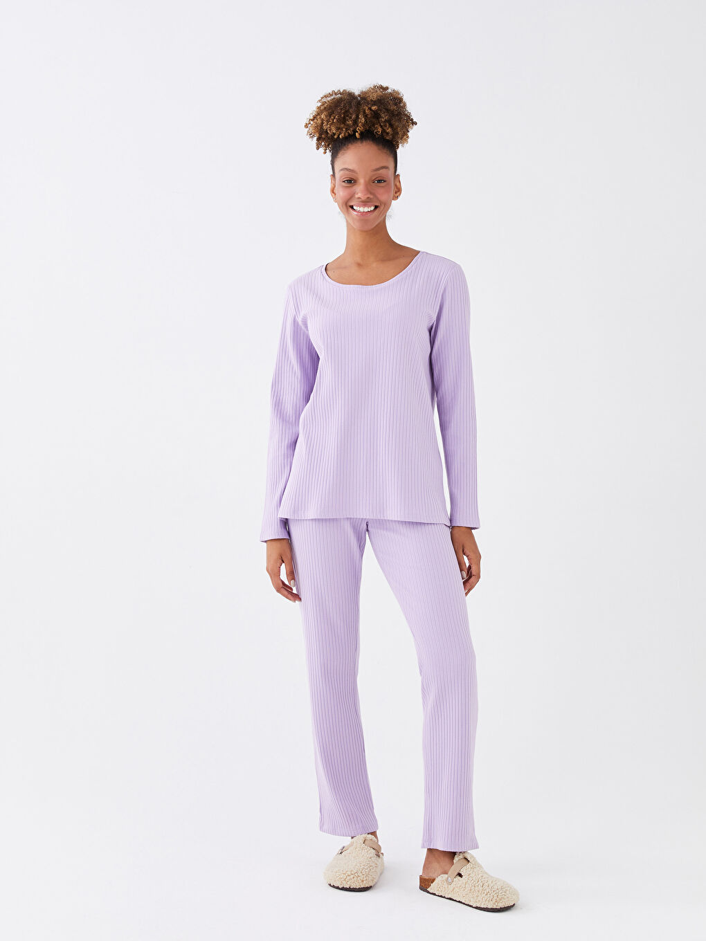 Crew Neck Plain Long Sleeve Women's Pyjama Set