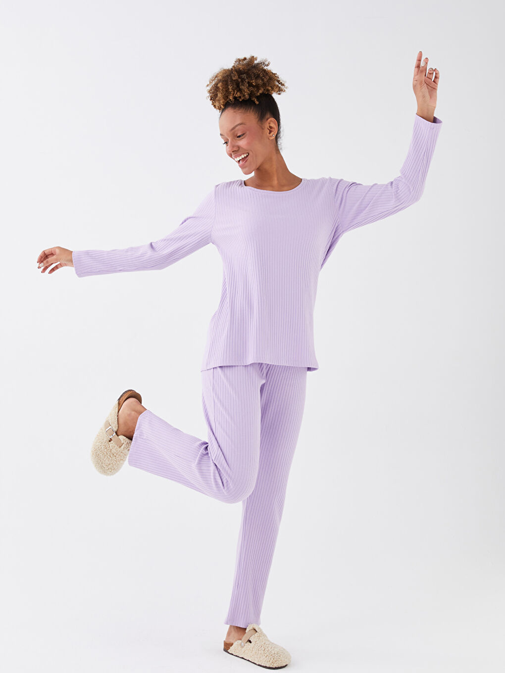 Crew Neck Plain Long Sleeve Women's Pyjama Set-1