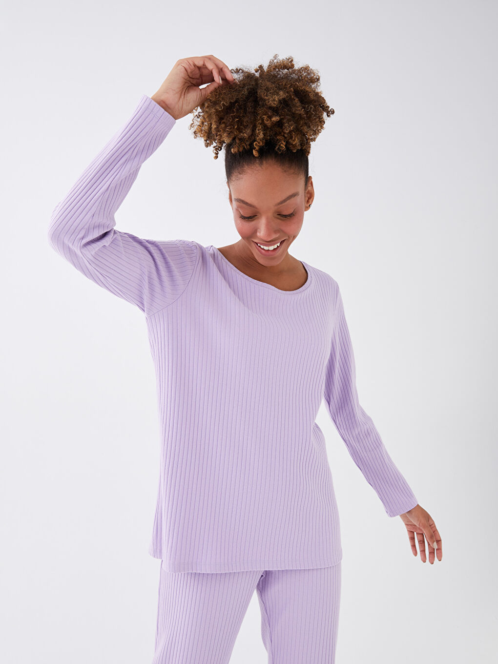 Crew Neck Plain Long Sleeve Women's Pyjama Set-2