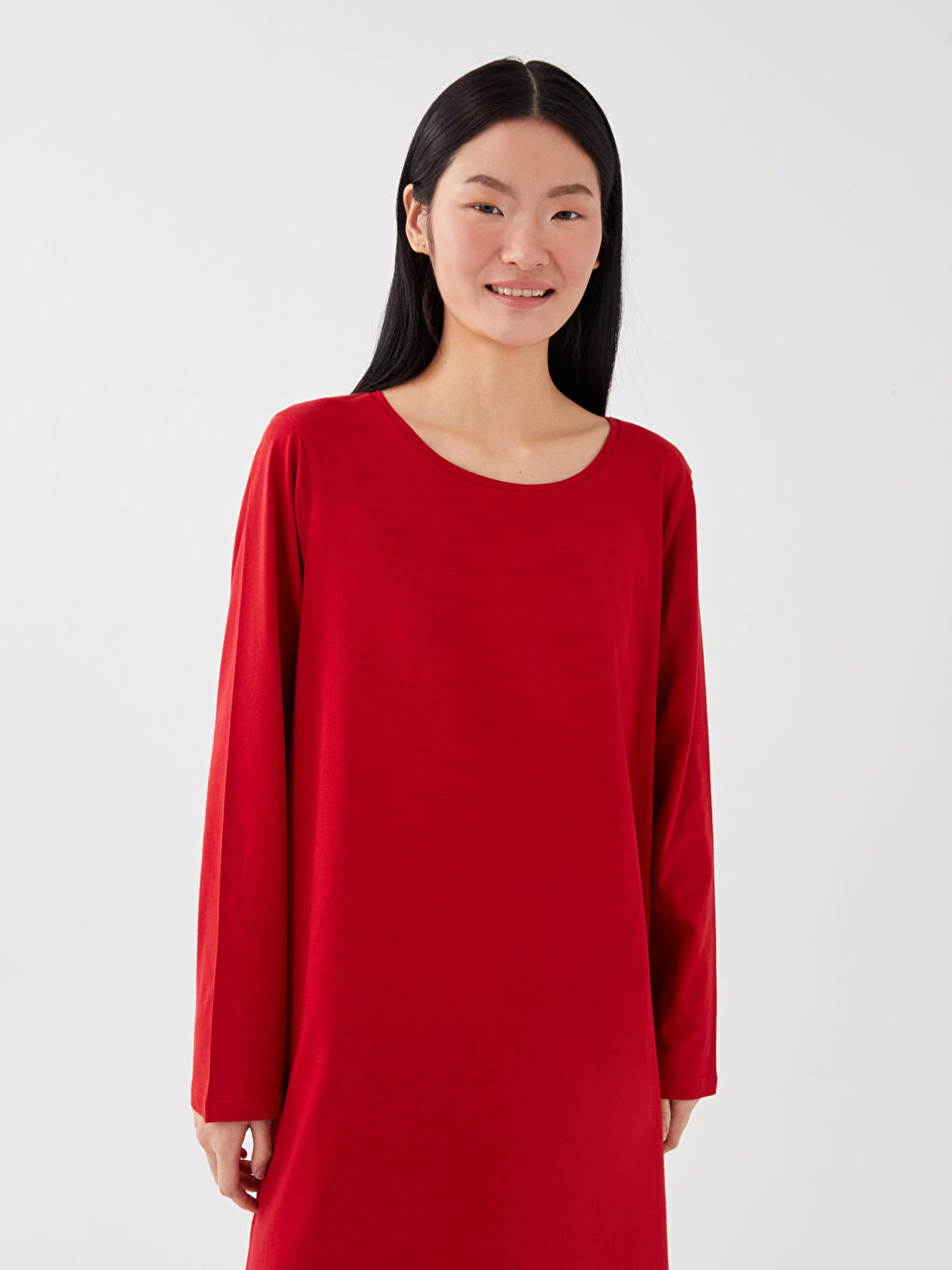 قميص نوم بياقة دائرية كم طويل عادي للسيدات-2