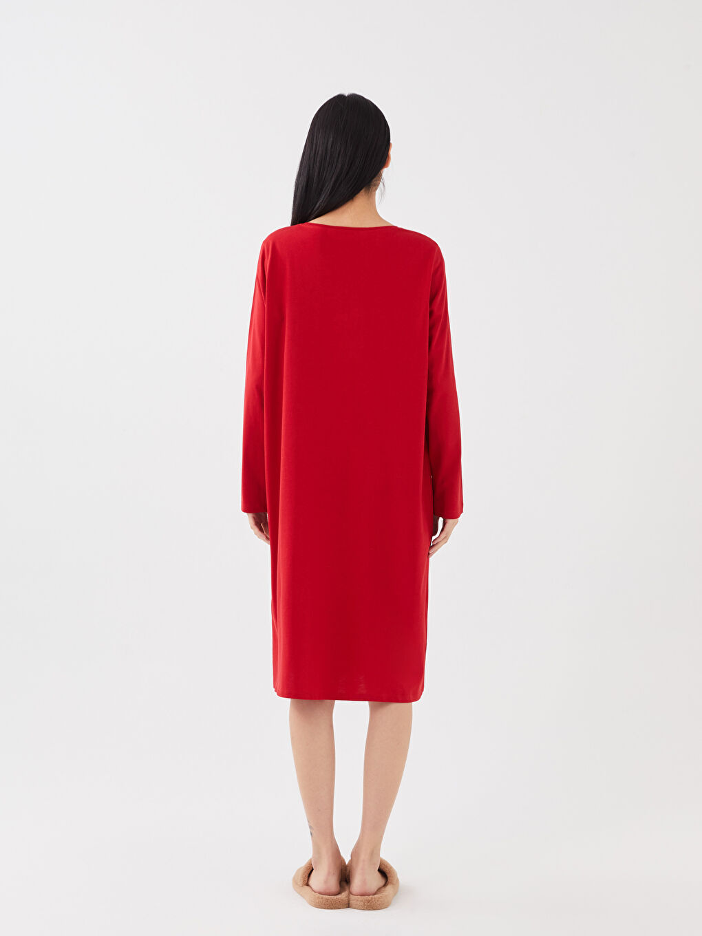 قميص نوم بياقة دائرية كم طويل عادي للسيدات-4