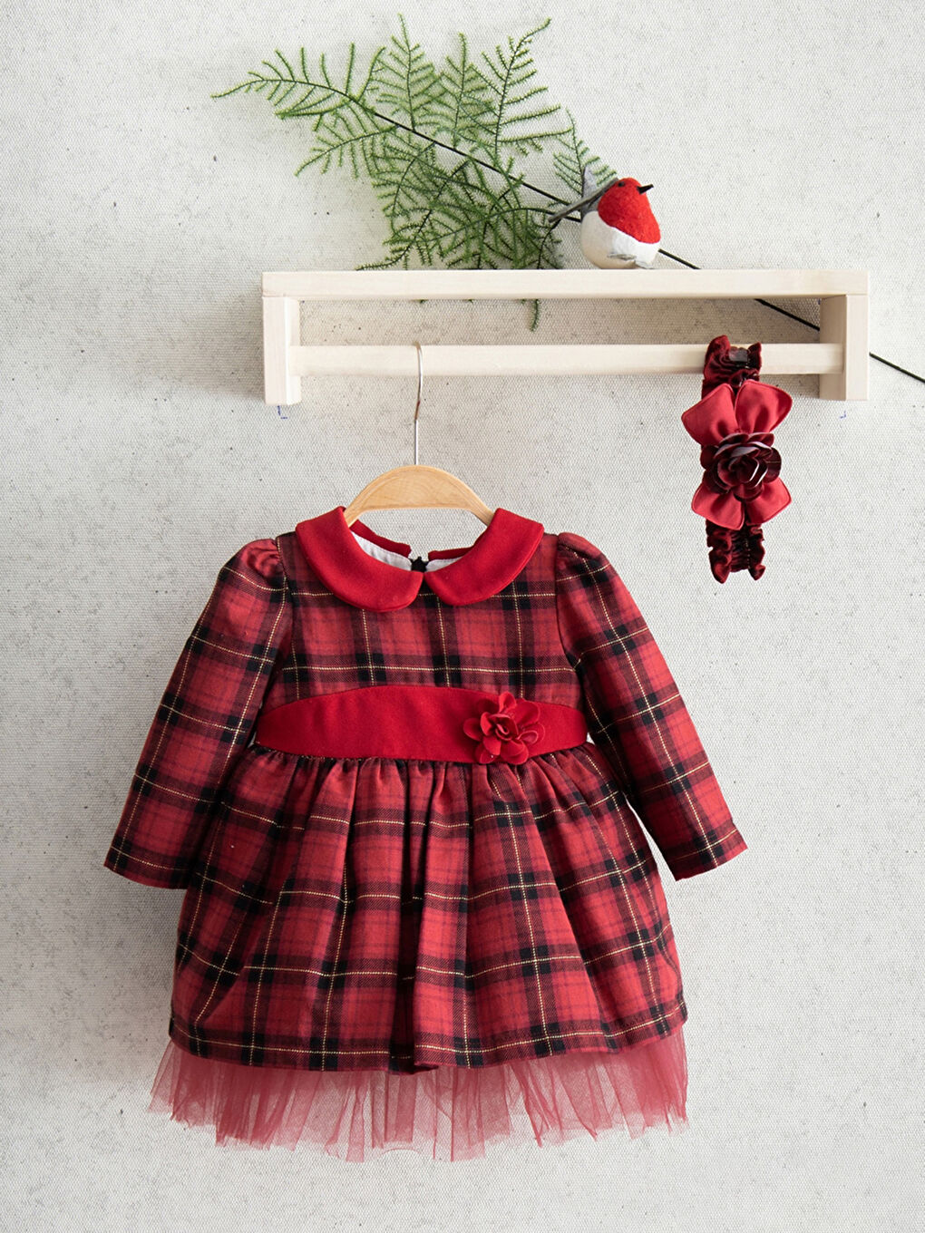 Kırmızı Bebe Yaka Uzun Kollu Kız Bebek Elbise