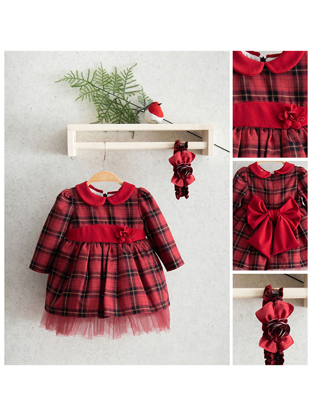 Kırmızı Bebe Yaka Uzun Kollu Kız Bebek Elbise-1