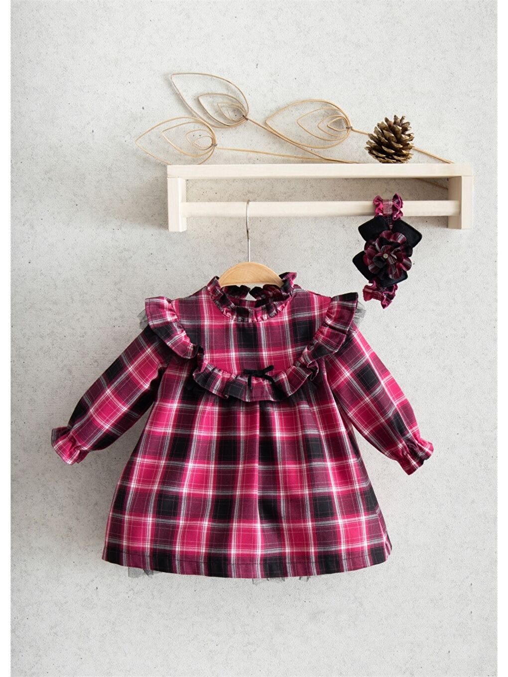 Fuşya Dik Yaka Uzun Kollu Kız Bebek Elbise