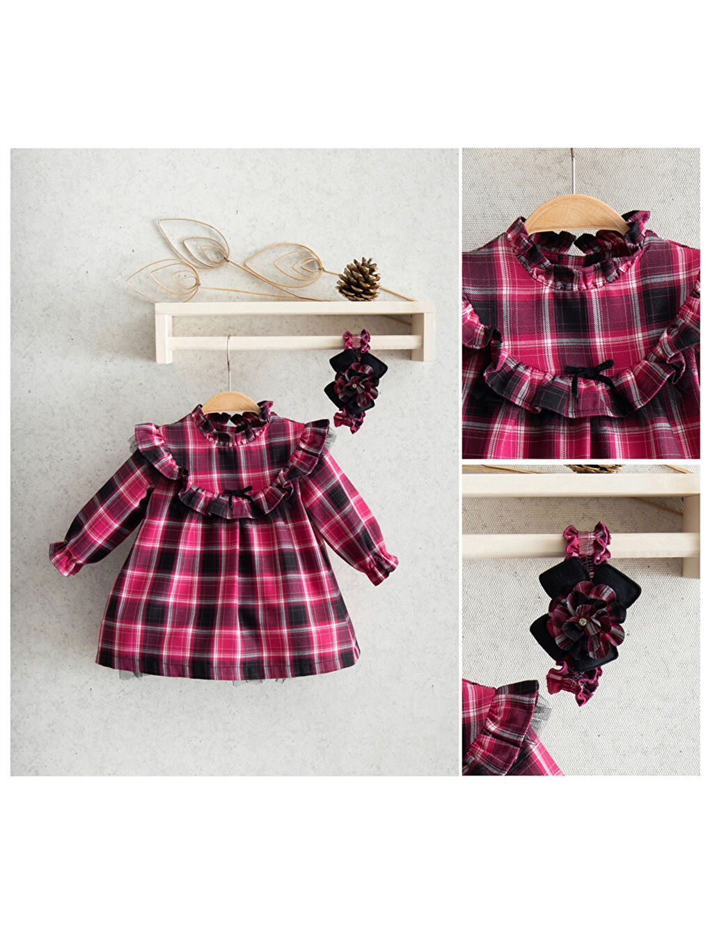 Fuşya Dik Yaka Uzun Kollu Kız Bebek Elbise-2