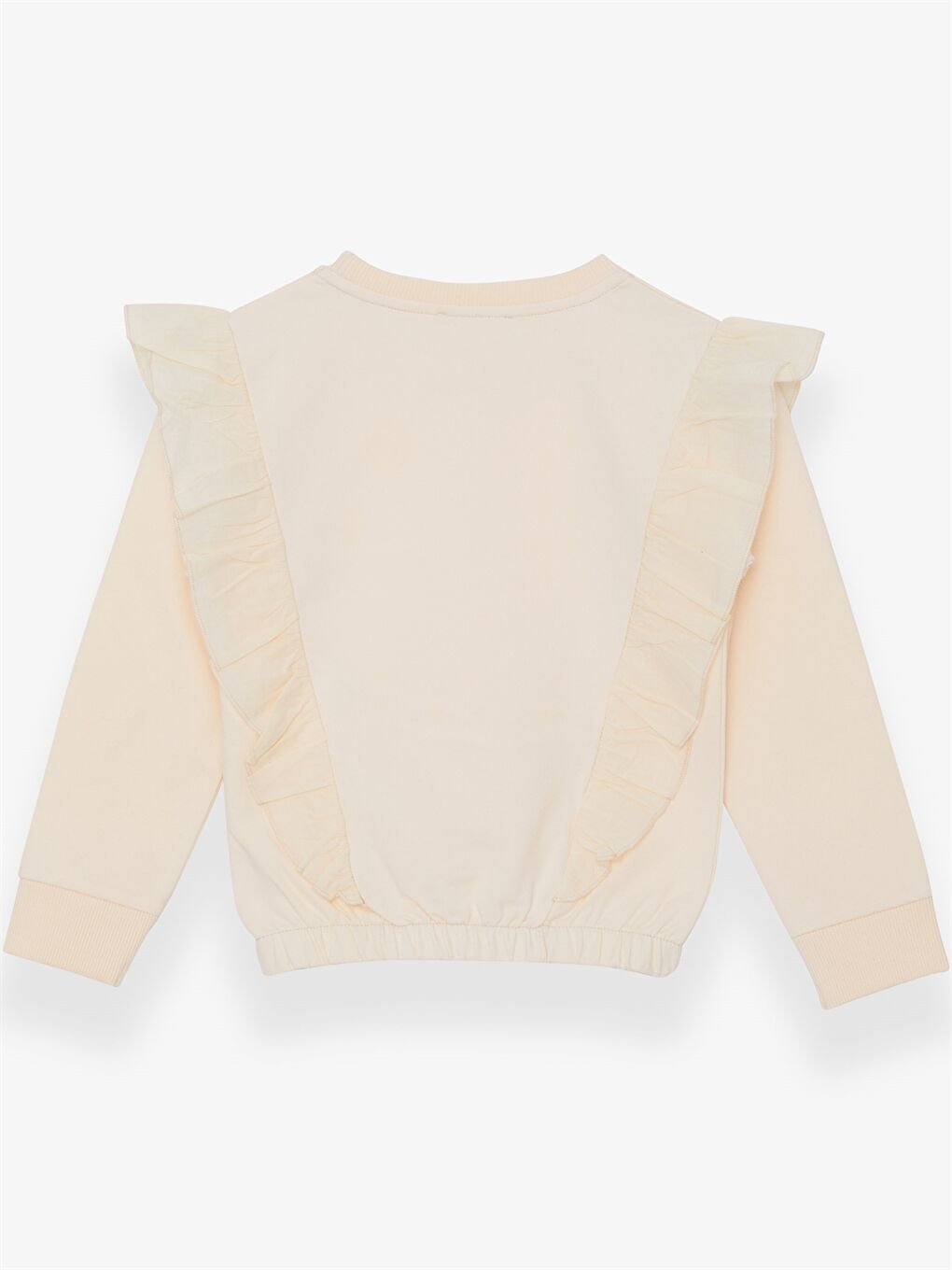 Ekru Bisiklet Yaka Fırfır Detaylı Uzun Kollu Kız Çocuk Sweatshirt-1