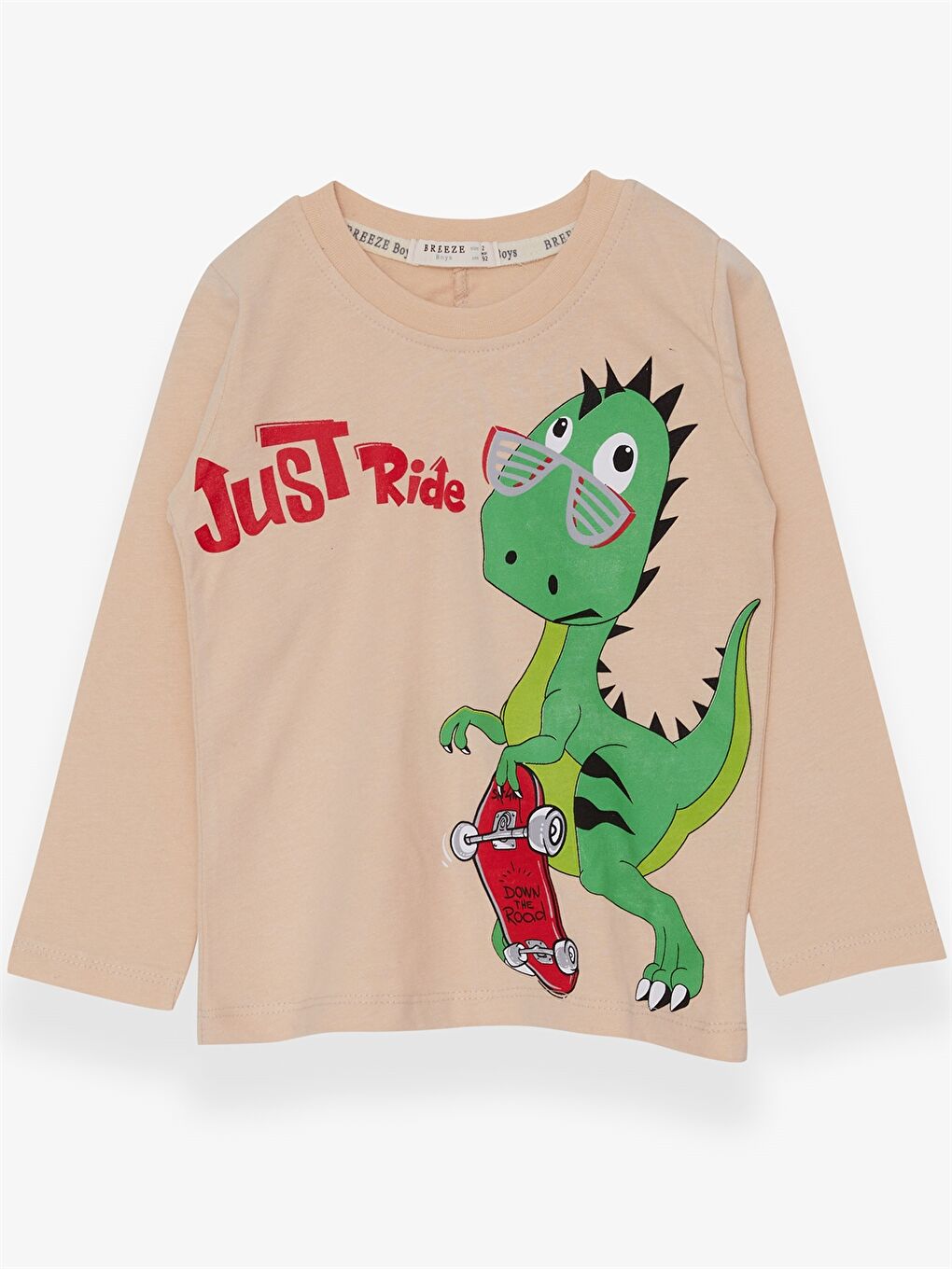 Bej Bisiklet Yaka Uzun Kollu Baskılı Erkek Bebek Tişört
