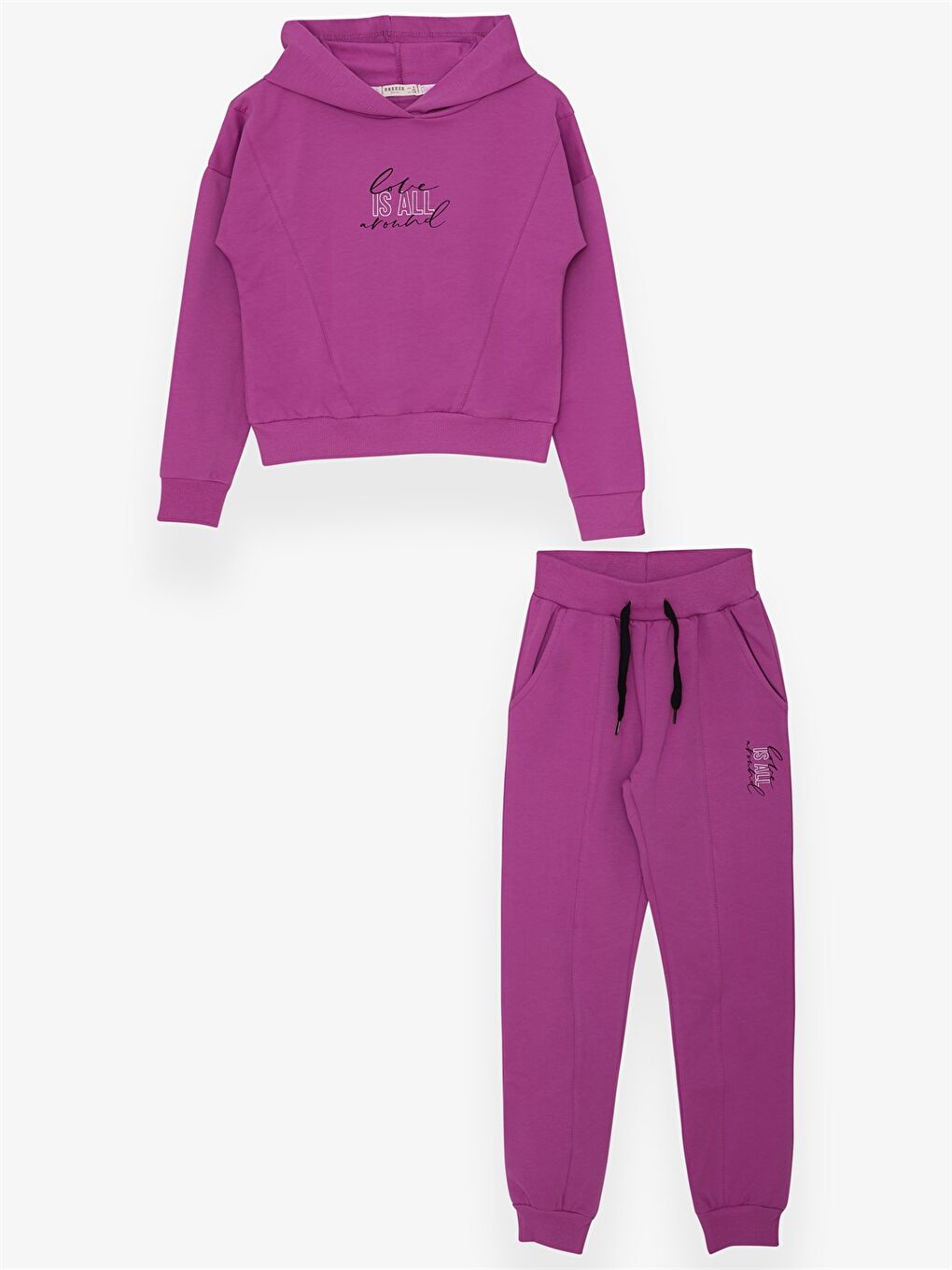 Mor Kapüşonlu Baskılı Uzun Kollu Kız Çocuk Sweatshirt ve Eşofman Altı