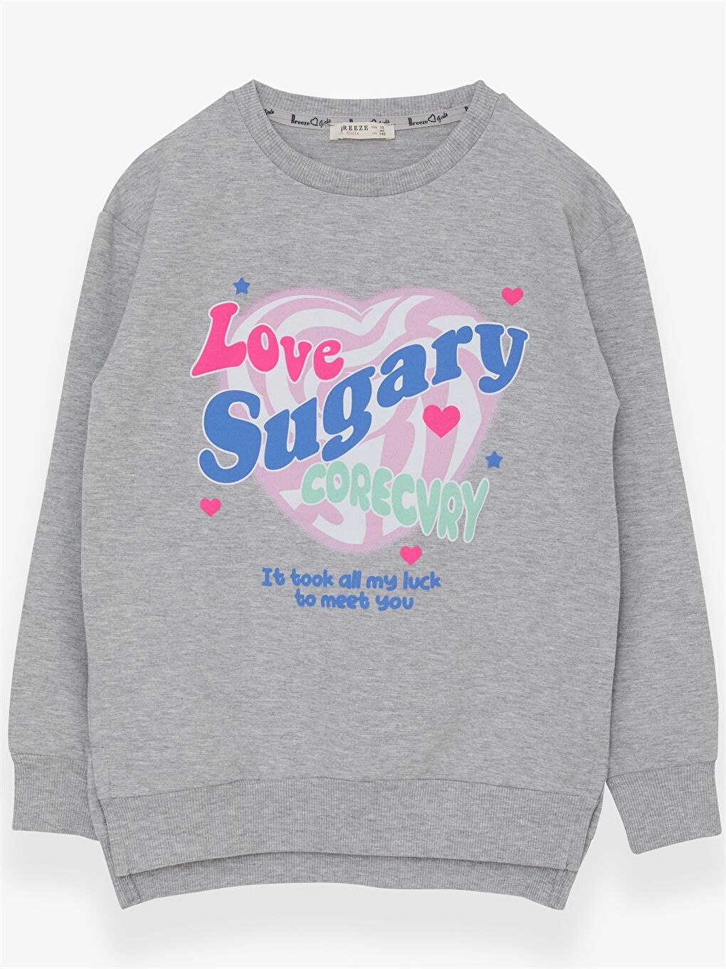 Gri Bisiklet Yaka Baskılı Uzun Kollu Kız Çocuk Sweatshirt