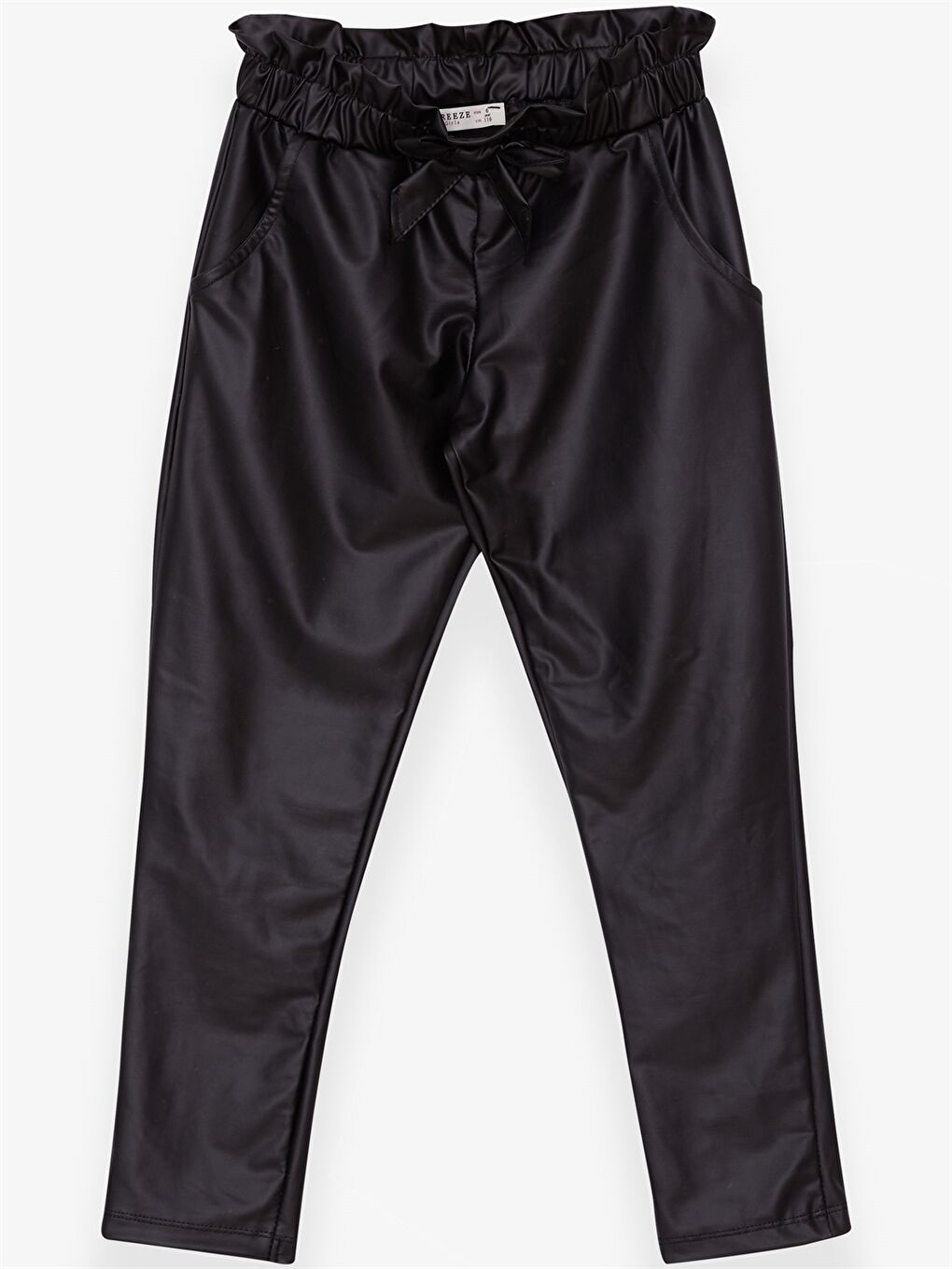 Siyah Beli Lastikli Deri Görünümlü Kız Çocuk Pantolon