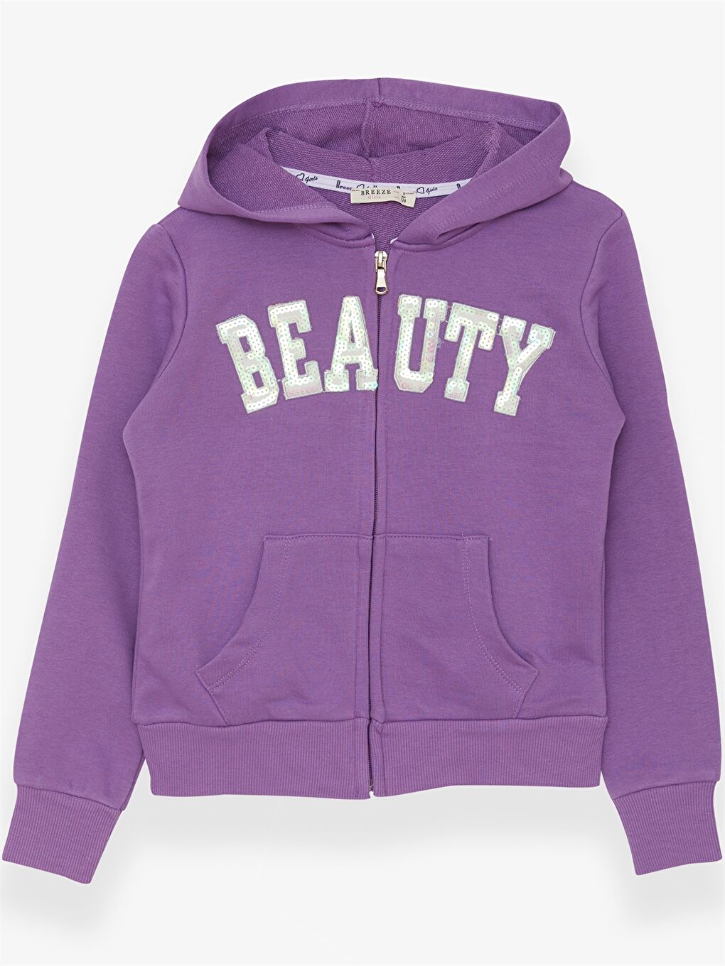 Mor Kapüşonlu Pul İşlemeli Uzun Kollu Kız Çocuk Fermuarlı Sweatshirt