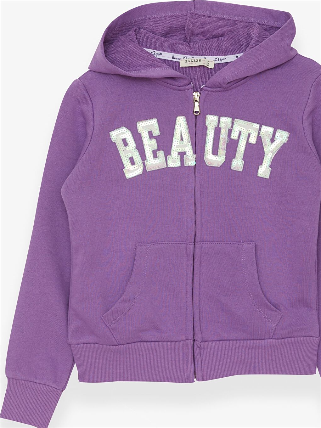 Mor Kapüşonlu Pul İşlemeli Uzun Kollu Kız Çocuk Fermuarlı Sweatshirt-2