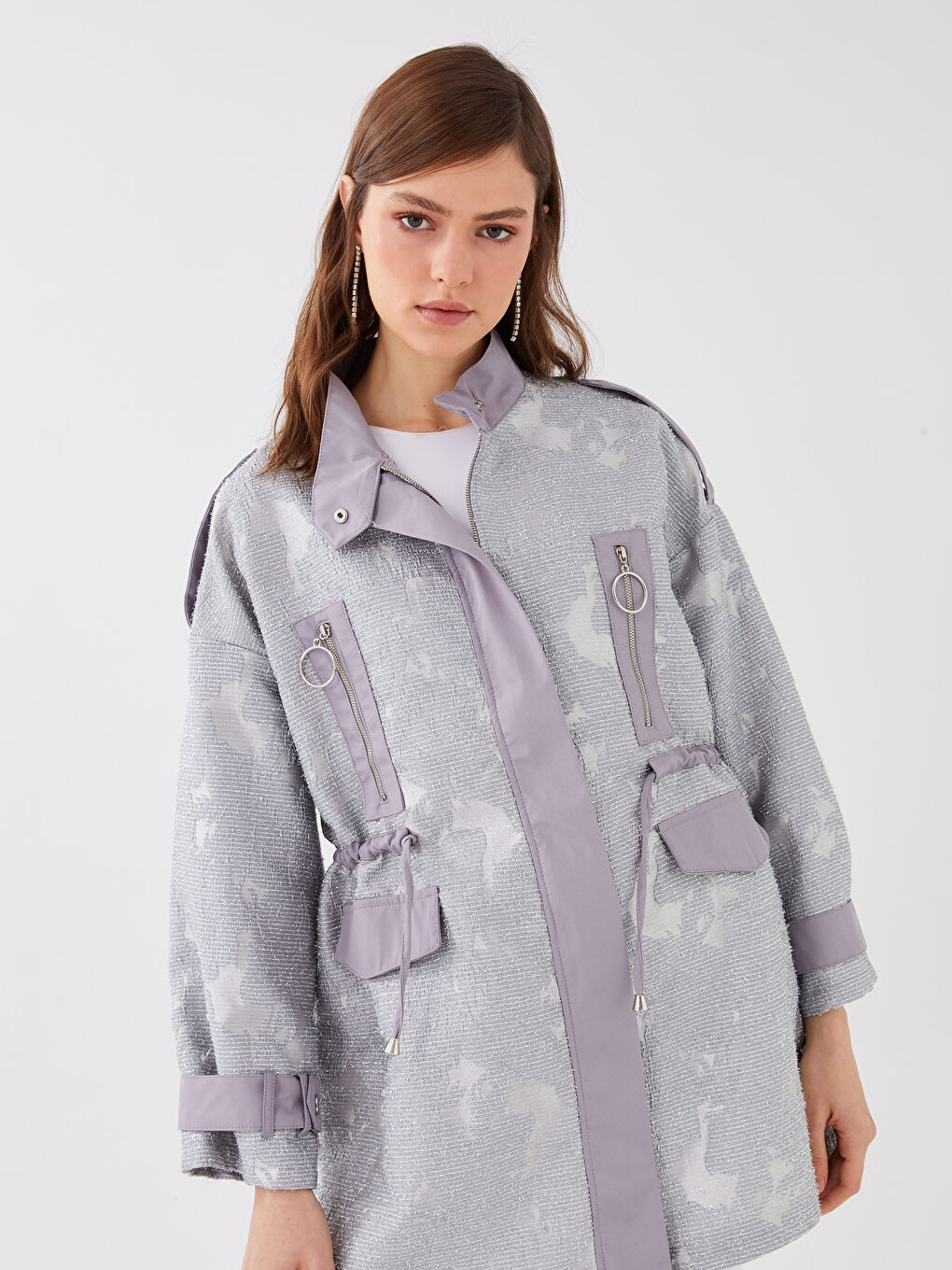 Gri Dik Yaka Sim Detaylı Uzun Kollu Kadın Ceket-1