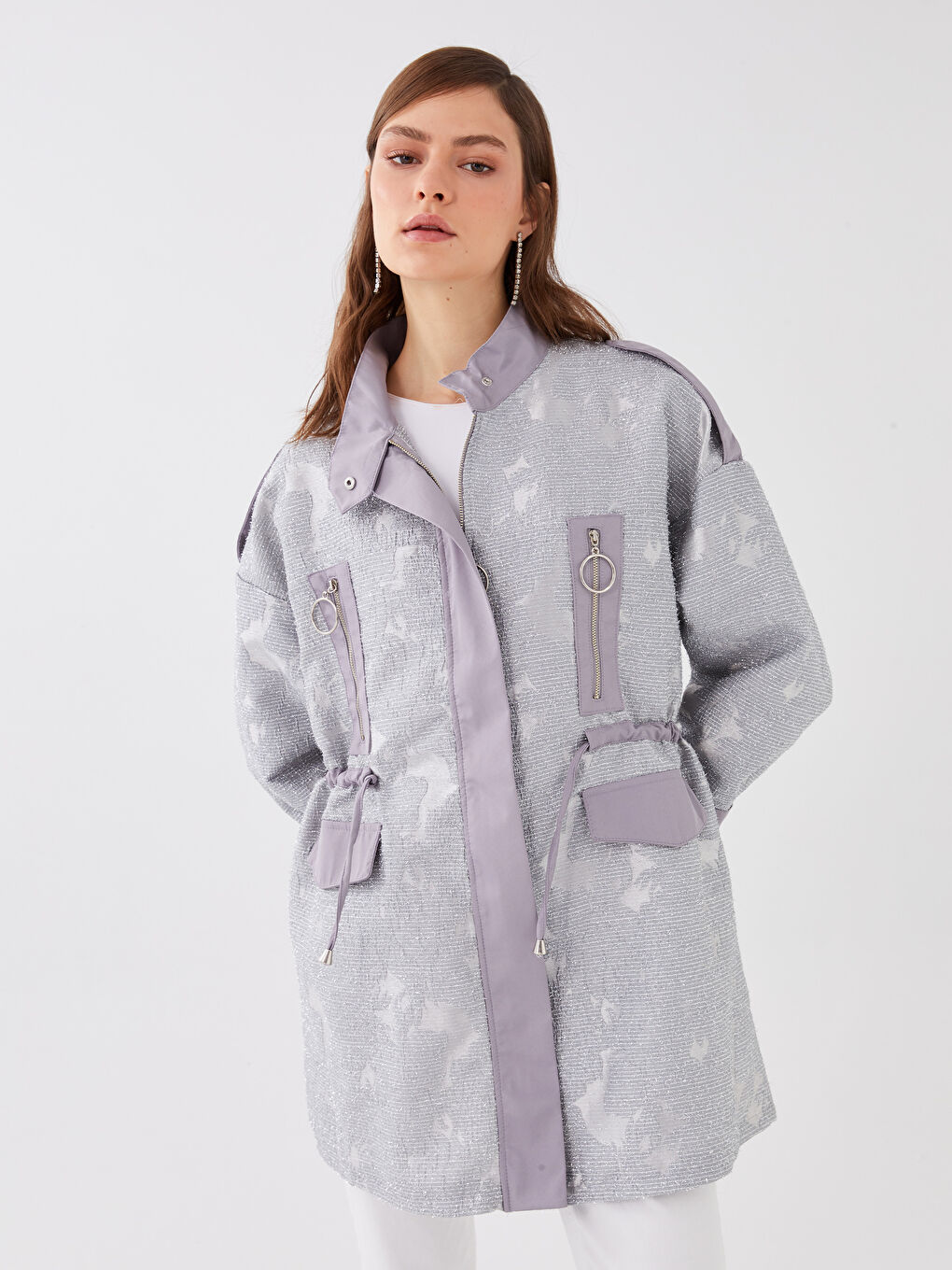 Gri Dik Yaka Sim Detaylı Uzun Kollu Kadın Ceket-3