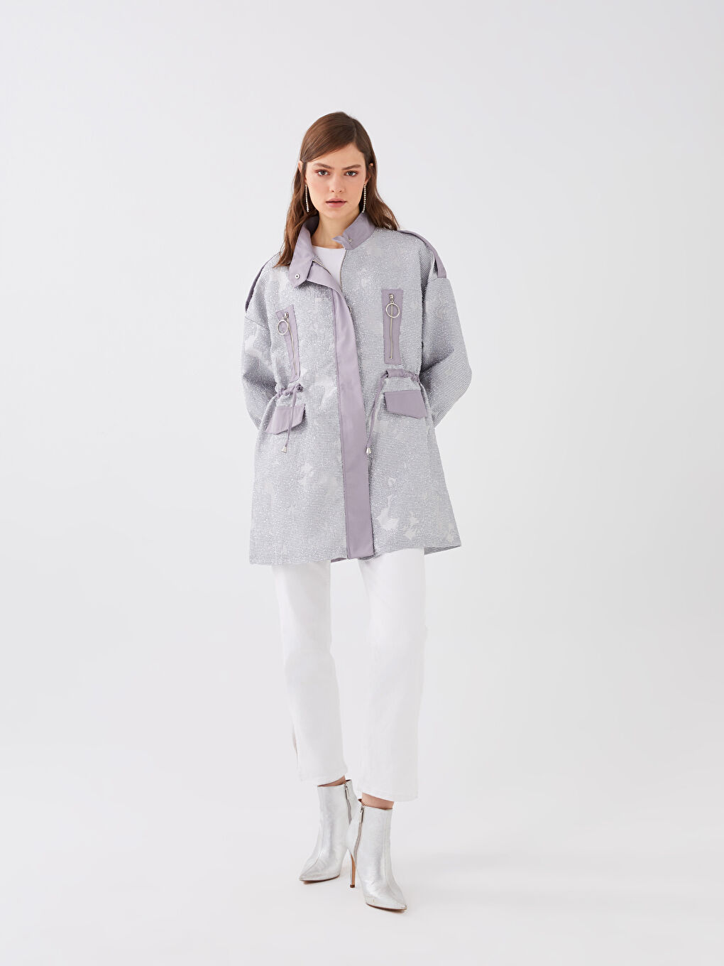 Gri Dik Yaka Sim Detaylı Uzun Kollu Kadın Ceket-5