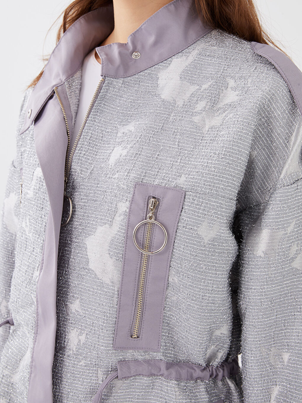 Gri Dik Yaka Sim Detaylı Uzun Kollu Kadın Ceket-7