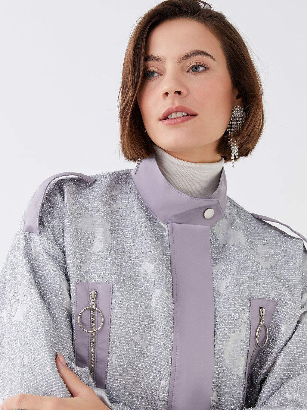 Gri Dik Yaka Sim Detaylı Uzun Kollu Kadın Ceket-4