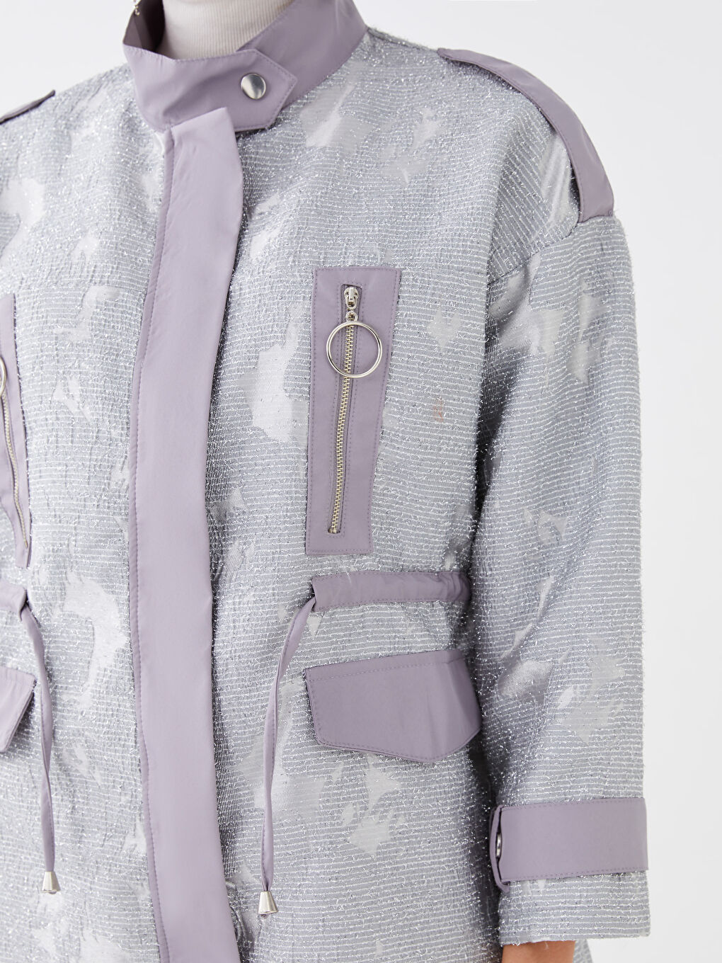 Gri Dik Yaka Sim Detaylı Uzun Kollu Kadın Ceket-6