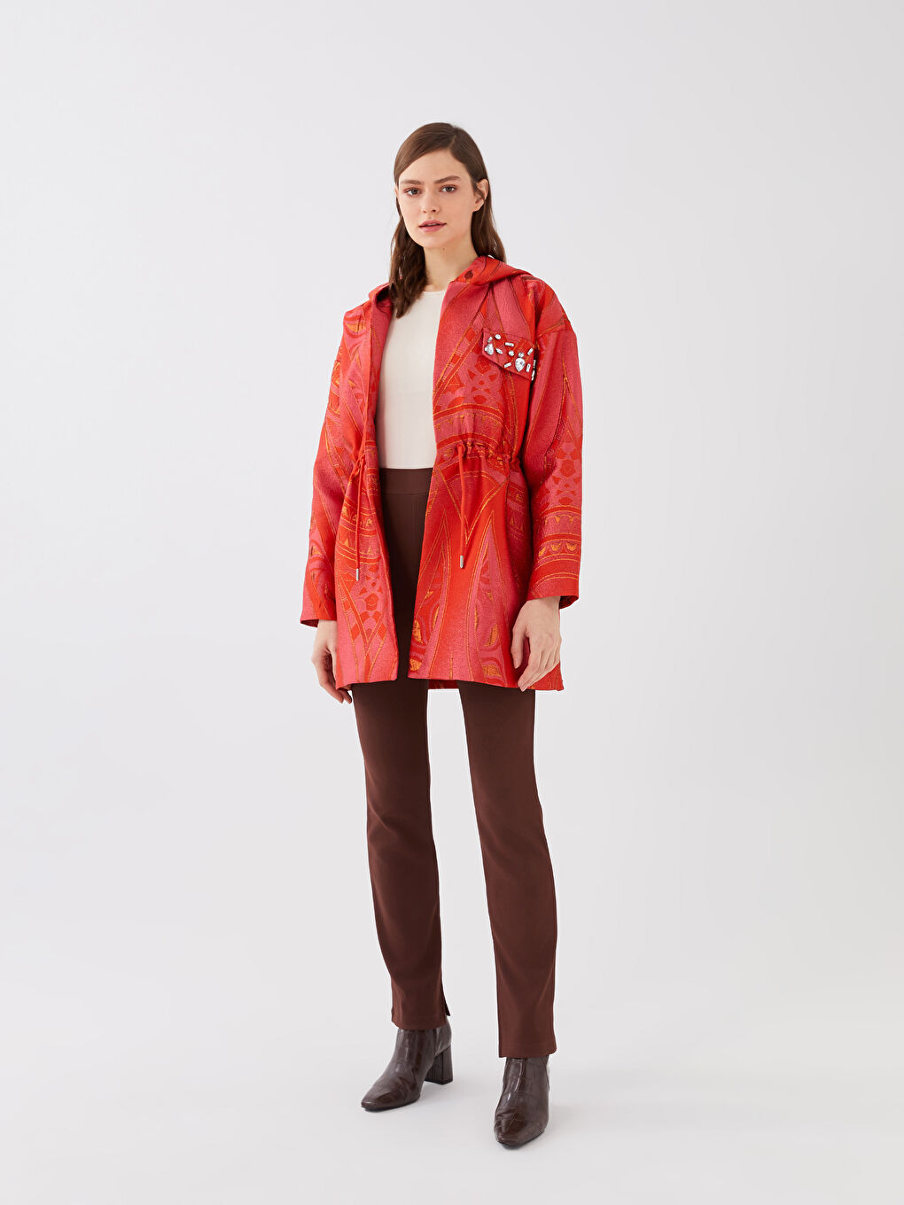 Kırmızı Kapüşonlu Desenli Uzun Kollu Kadın Ceket-5