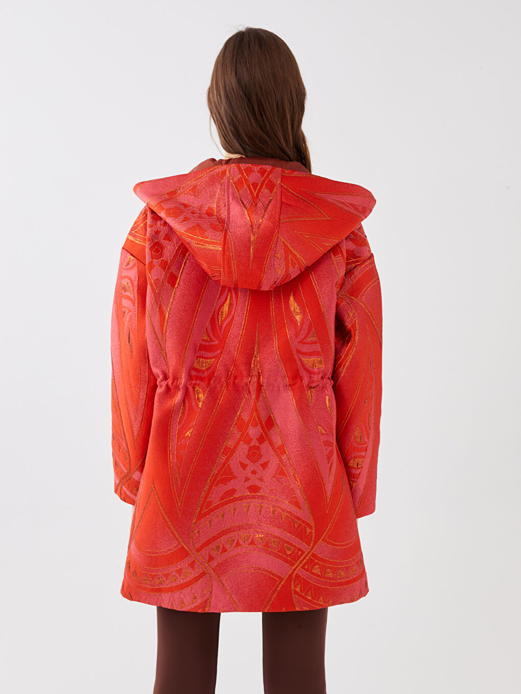 Kırmızı Kapüşonlu Desenli Uzun Kollu Kadın Ceket-9