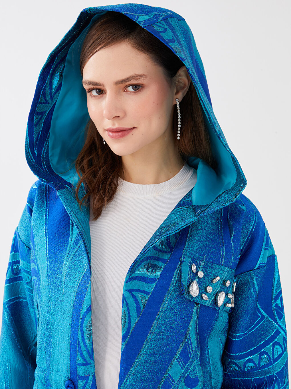 Yeşil Kapüşonlu Desenli Uzun Kollu Kadın Ceket-1