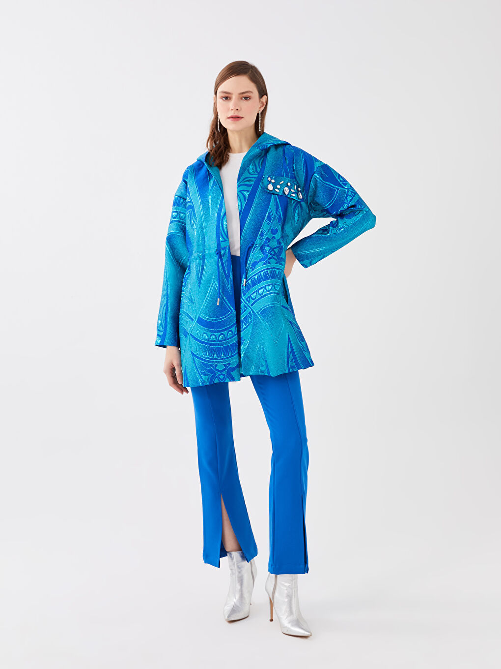 Yeşil Kapüşonlu Desenli Uzun Kollu Kadın Ceket-3