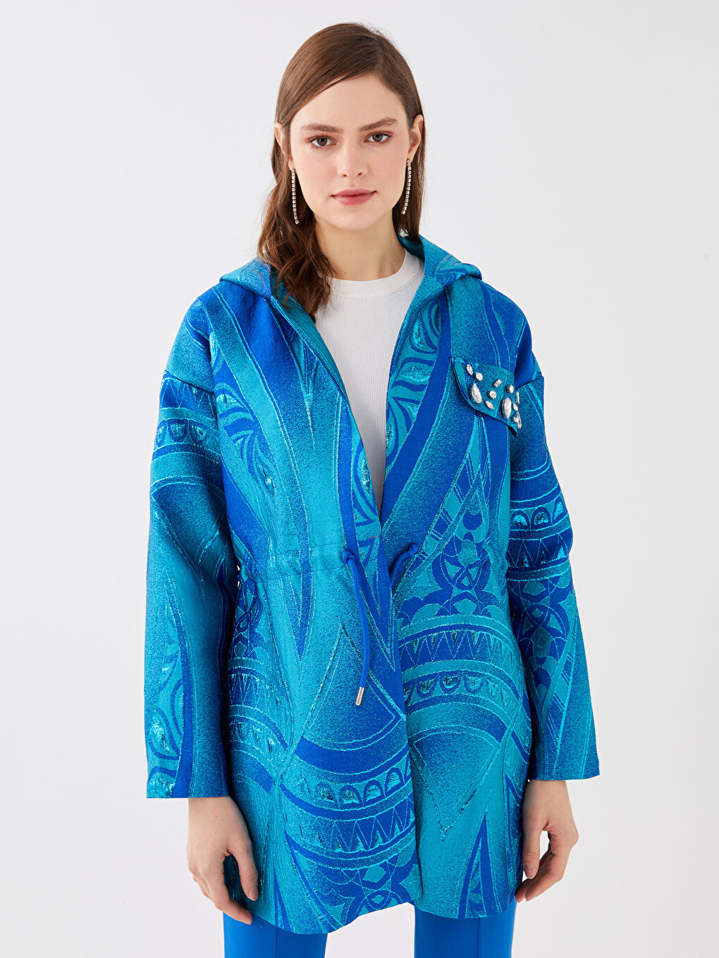 Yeşil Kapüşonlu Desenli Uzun Kollu Kadın Ceket-5