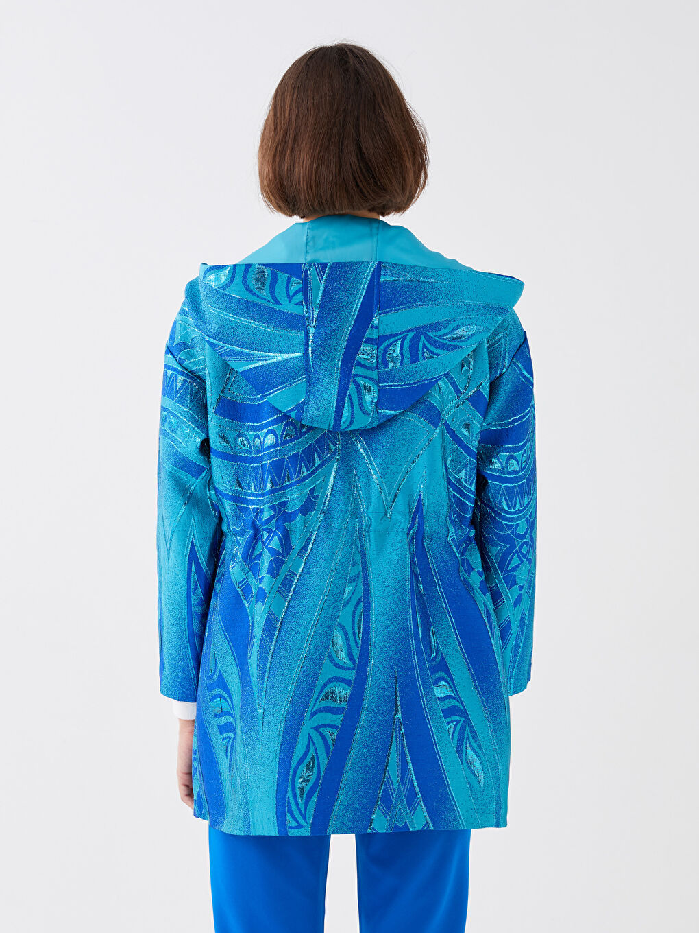 Yeşil Kapüşonlu Desenli Uzun Kollu Kadın Ceket-10