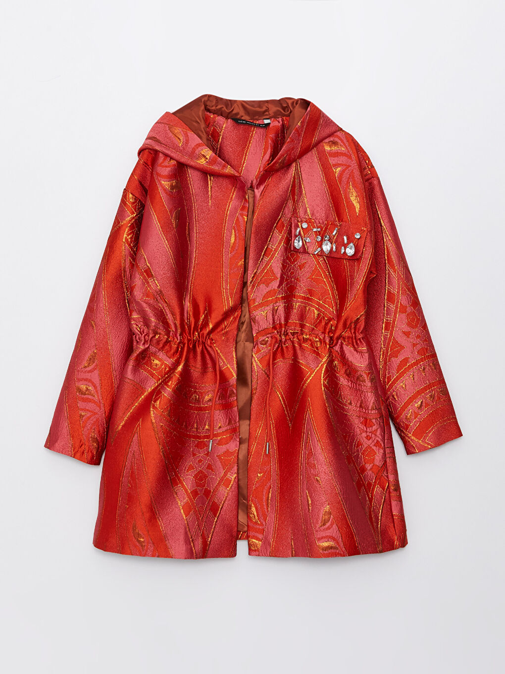 Kırmızı Kapüşonlu Desenli Uzun Kollu Kadın Ceket-11