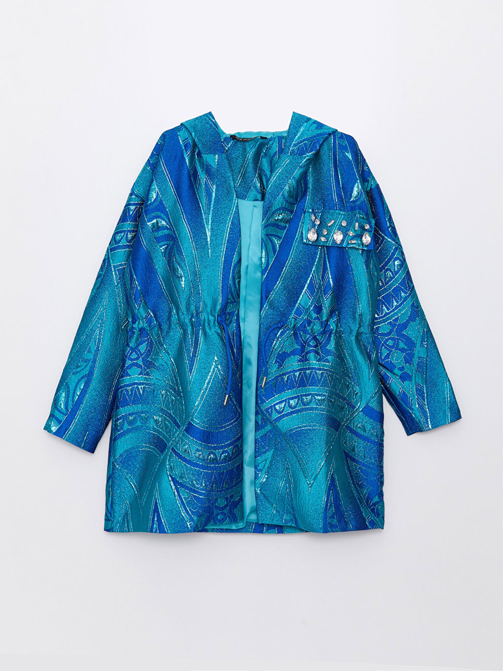 Yeşil Kapüşonlu Desenli Uzun Kollu Kadın Ceket-11