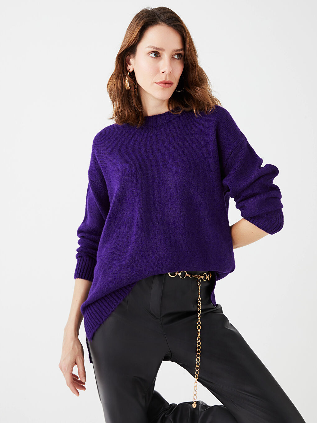 Mor Bisiklet Yaka Düz Uzun Kollu Kadın Triko Kazak