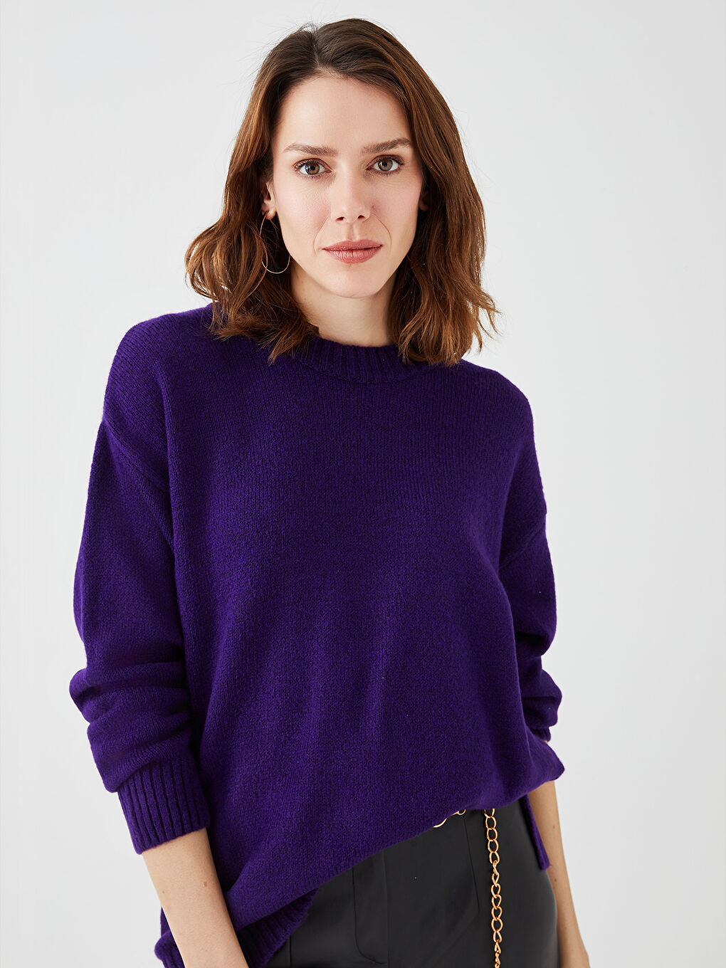 Mor Bisiklet Yaka Düz Uzun Kollu Kadın Triko Kazak-1