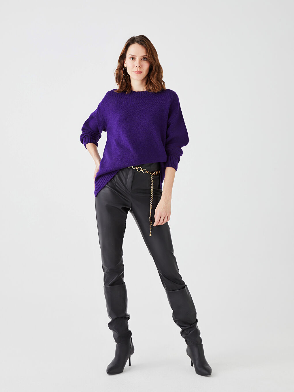 Mor Bisiklet Yaka Düz Uzun Kollu Kadın Triko Kazak-2