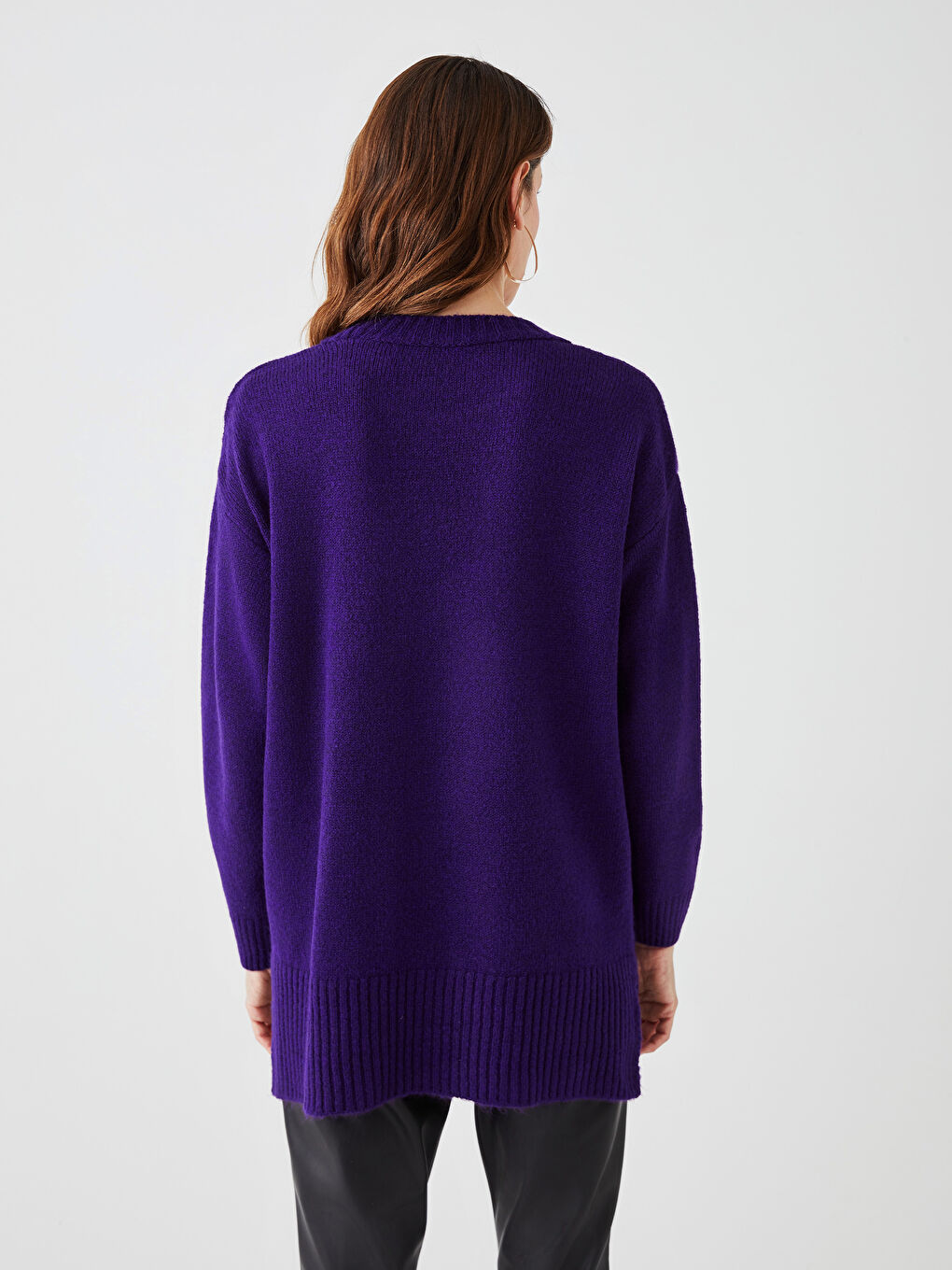 Mor Bisiklet Yaka Düz Uzun Kollu Kadın Triko Kazak-4