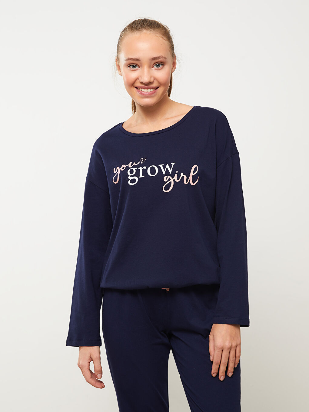 Lacivert Bisiklet Yaka Baskılı Uzun Kollu Kadın Pijama Takımı-1