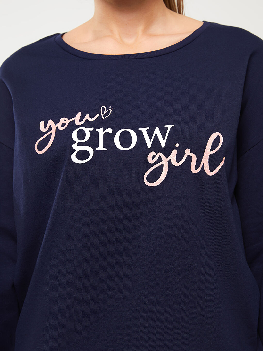 Lacivert Bisiklet Yaka Baskılı Uzun Kollu Kadın Pijama Takımı-3