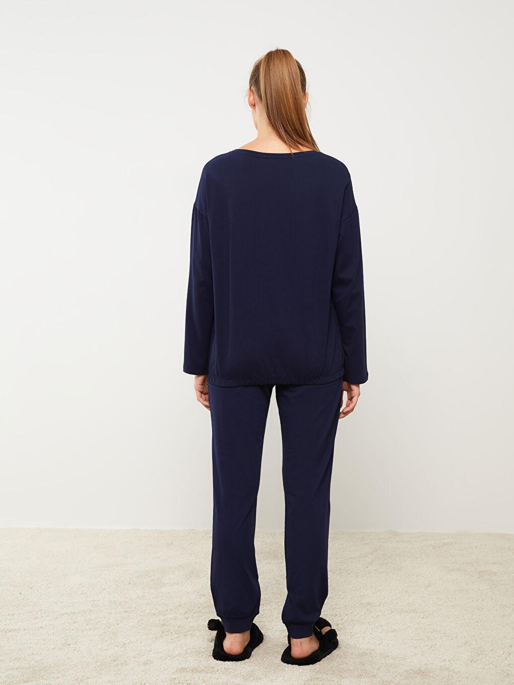 Lacivert Bisiklet Yaka Baskılı Uzun Kollu Kadın Pijama Takımı-4