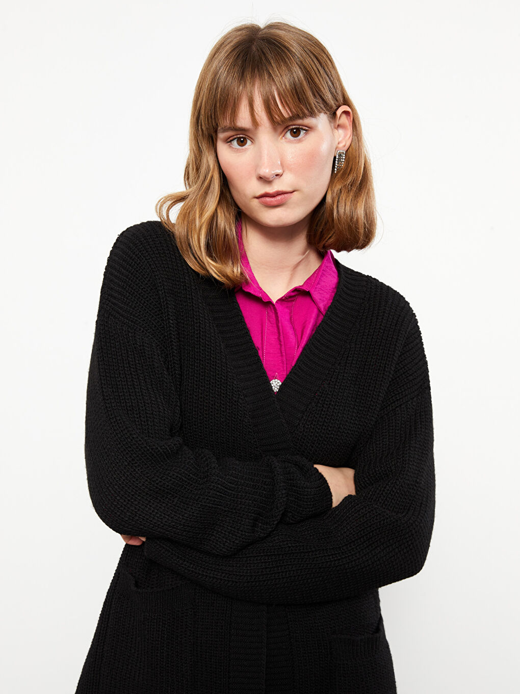 Siyah Şal Yaka Düz Uzun Kollu Kadın Triko Hırka-1