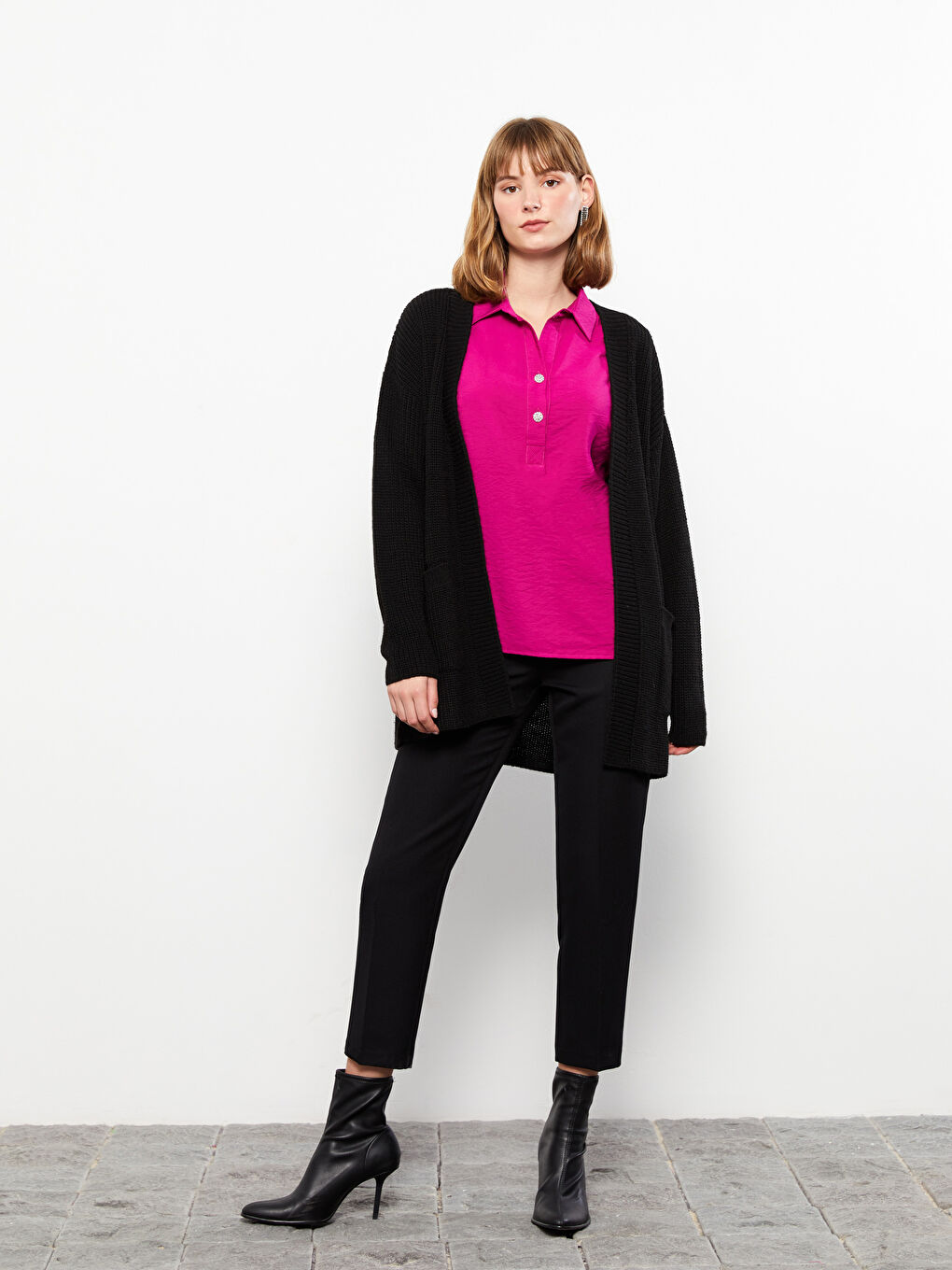 Siyah Şal Yaka Düz Uzun Kollu Kadın Triko Hırka-2