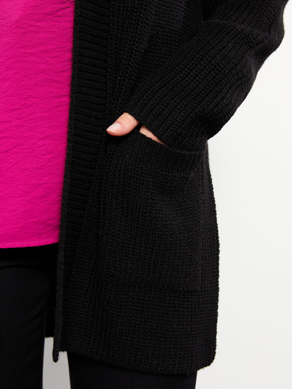 Siyah Şal Yaka Düz Uzun Kollu Kadın Triko Hırka-3