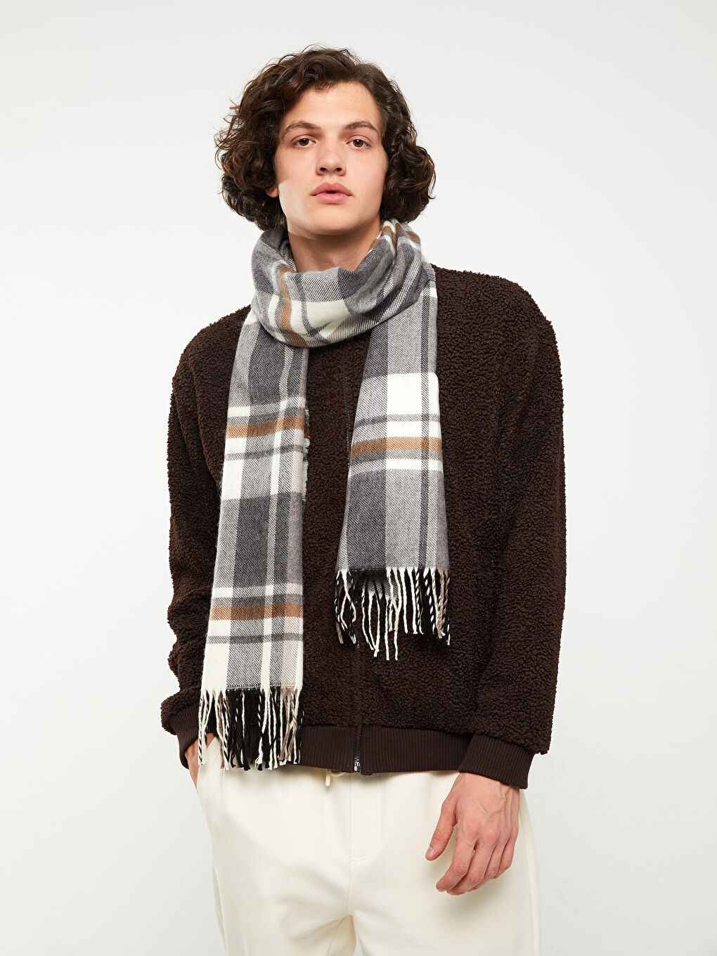 Bej Ekose Desenli Erkek Atkı