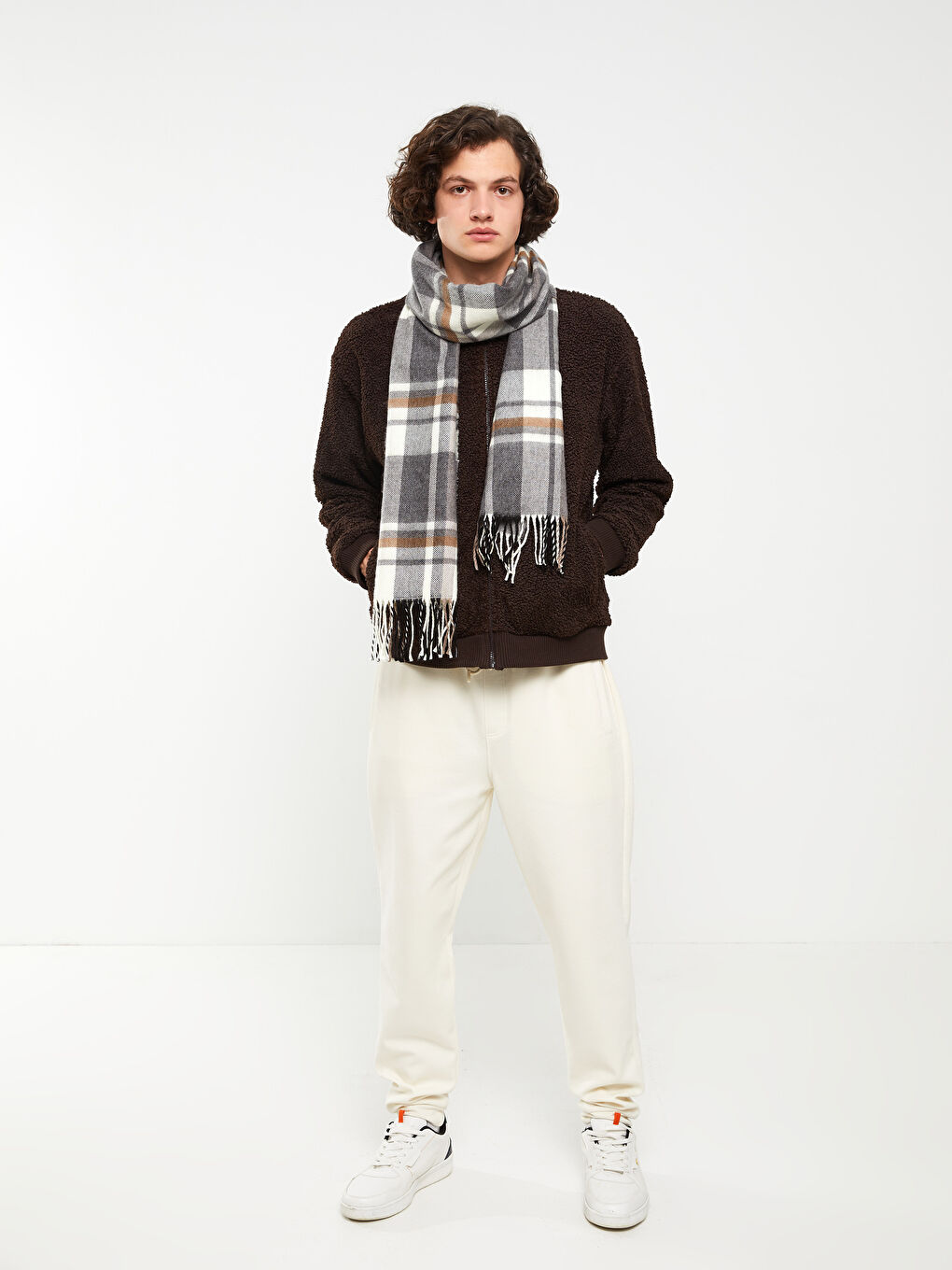 Bej Ekose Desenli Erkek Atkı-1