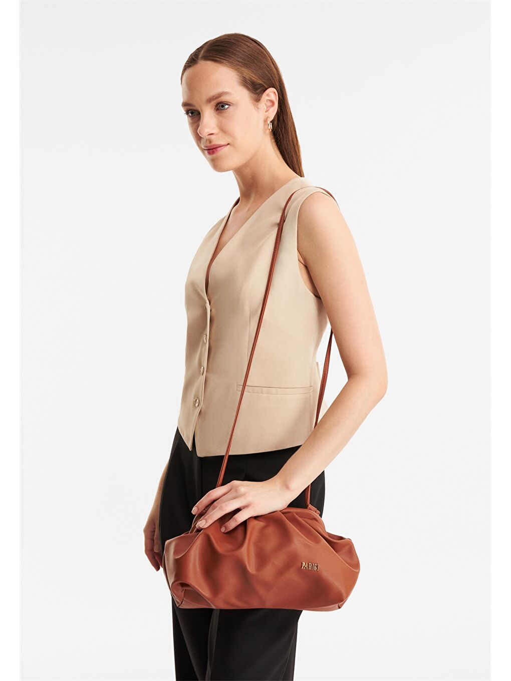 Ekru Deri Görünümlü Kadın Çapraz Çanta-2