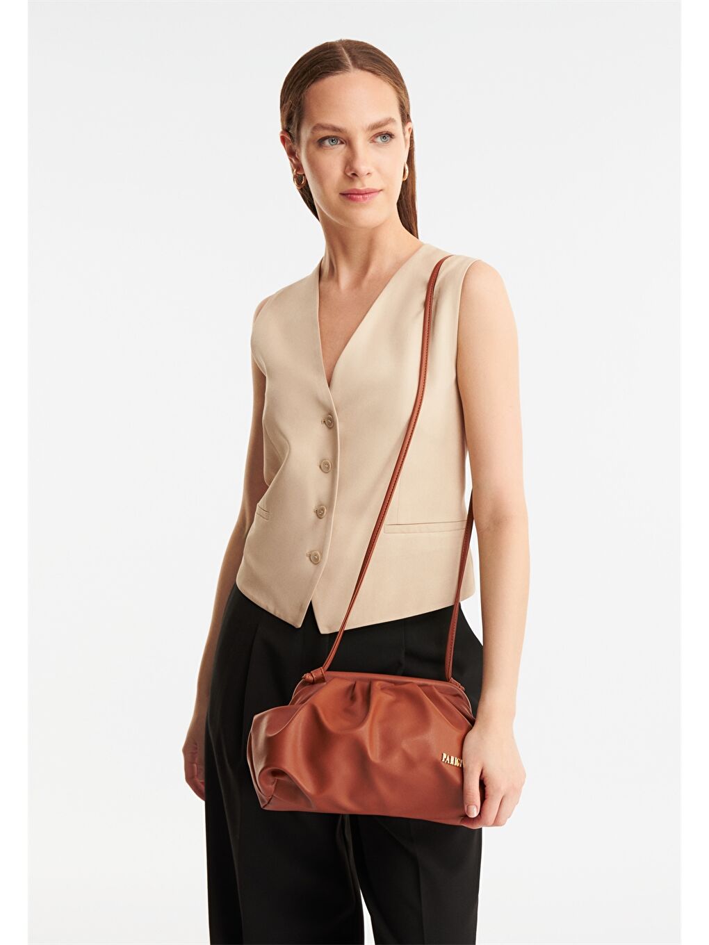 Ekru Deri Görünümlü Kadın Çapraz Çanta-3