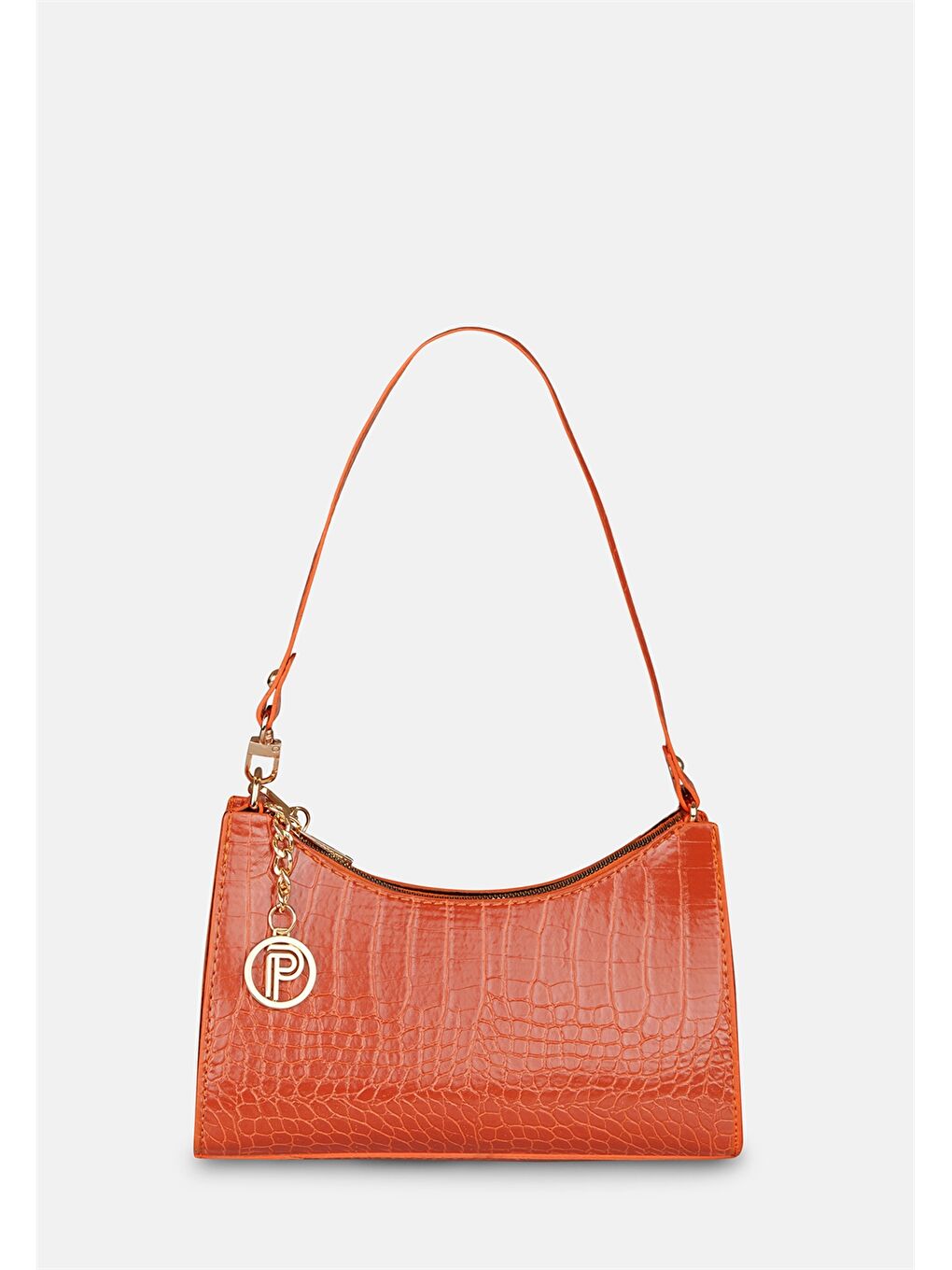 Turuncu Deri Görünümlü Kroko Desenli Kadın Baget Çanta