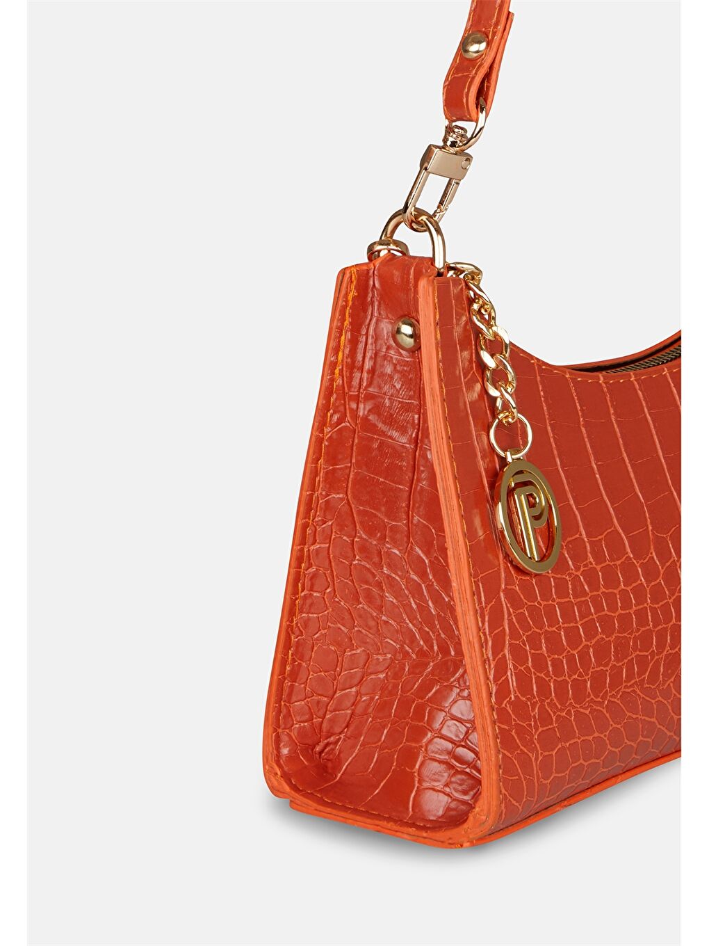 Turuncu Deri Görünümlü Kroko Desenli Kadın Baget Çanta-2