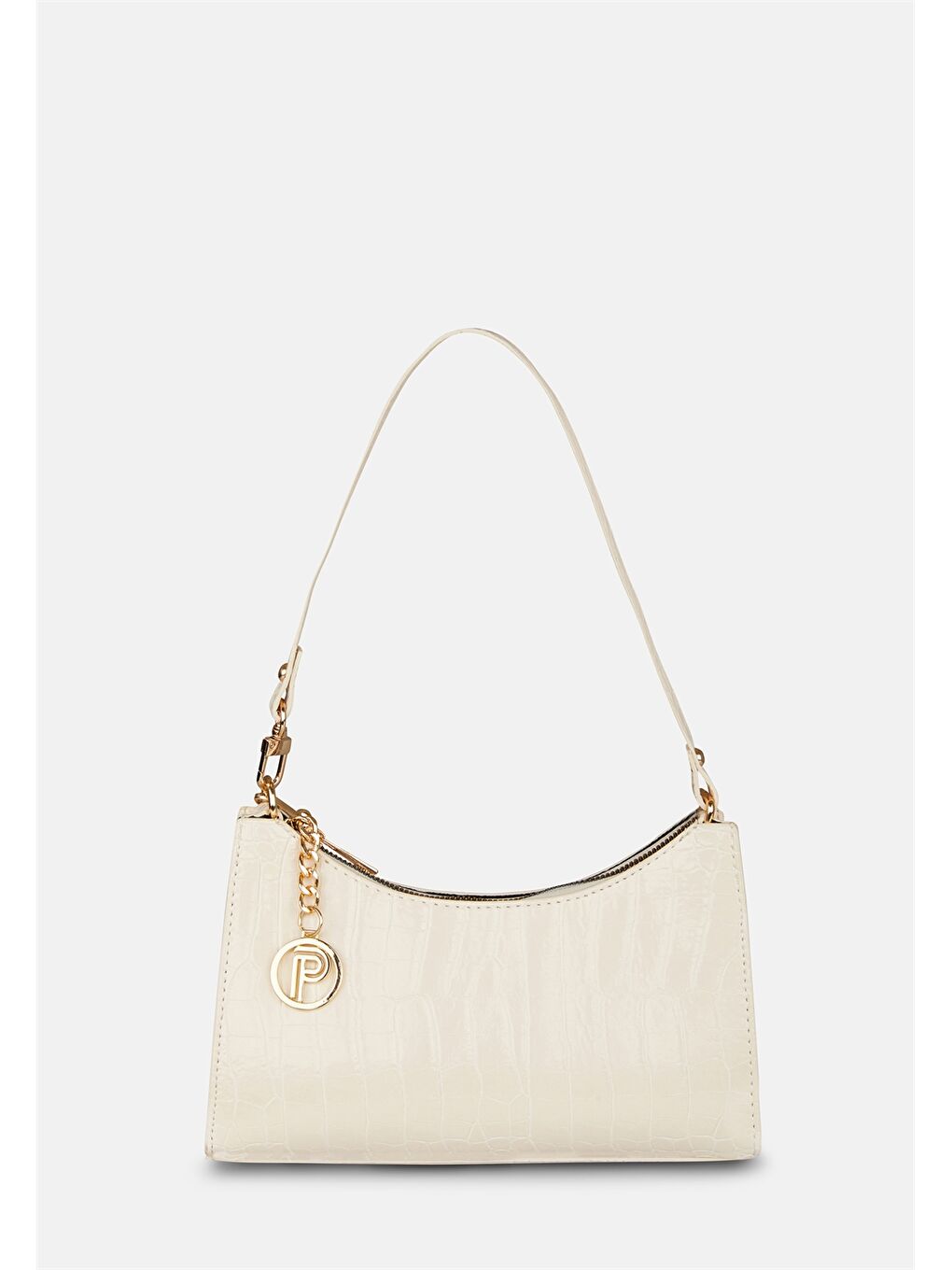 Ekru Deri Görünümlü Kroko Desenli Kadın Baget Çanta