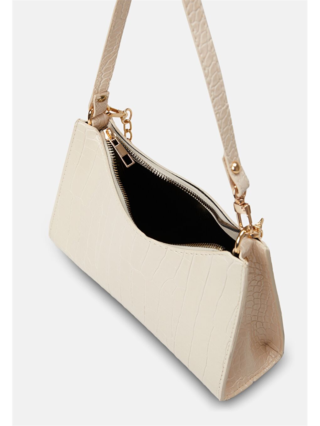 Ekru Deri Görünümlü Kroko Desenli Kadın Baget Çanta-1