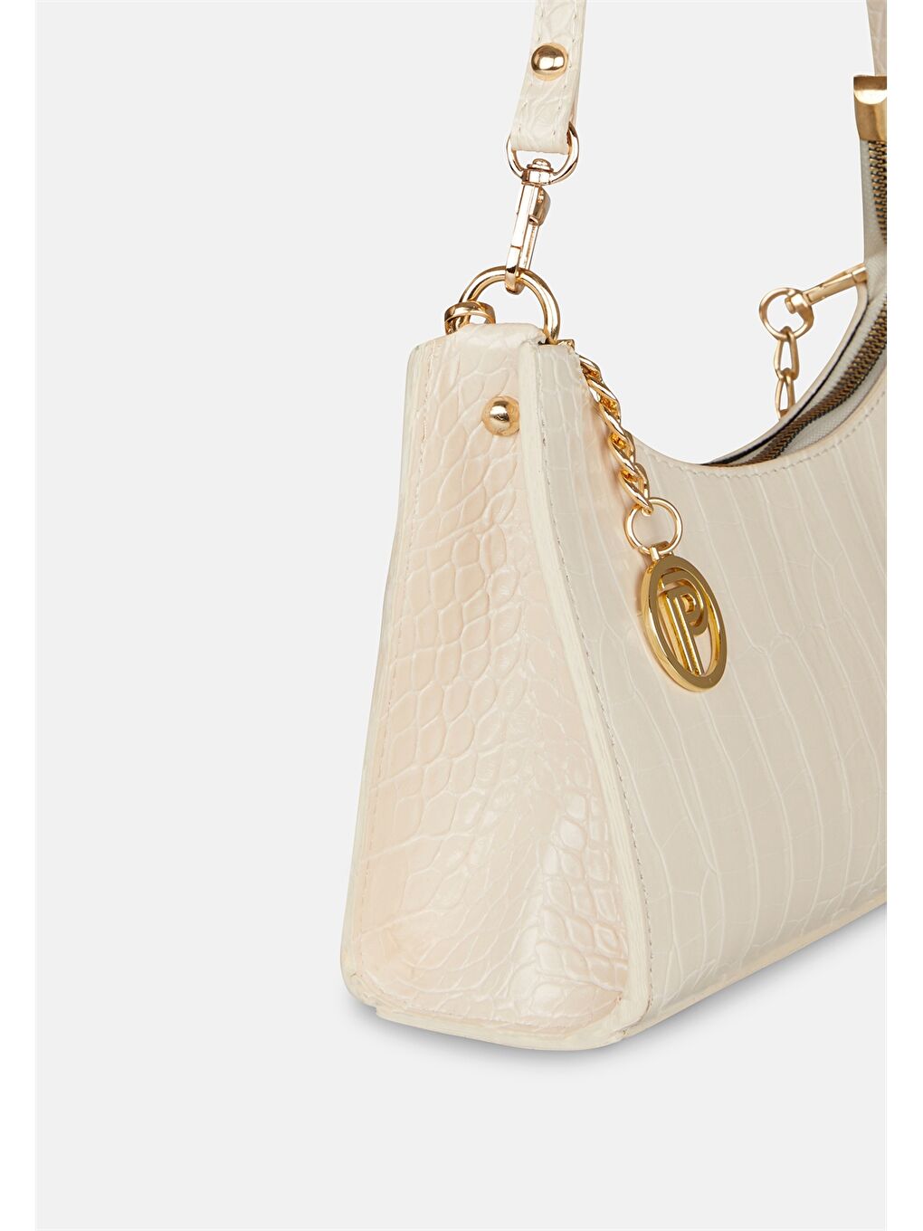 Ekru Deri Görünümlü Kroko Desenli Kadın Baget Çanta-2